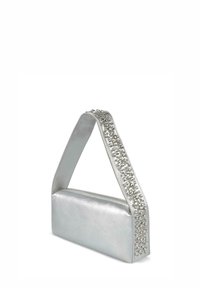 Srebrna metaliczna torebka o strukturalnym kształcie, ozdobiona koralikowym paskiem i gładką fakturą, z zamknięciem na zamek błyskawiczny.