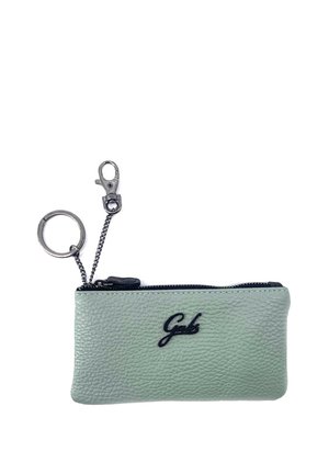 Piccola pochette in pelle verde chiaro con trama, con cerniera nera e anello portachiavi e moschettone in metallo, con logo "Gabs" in filo nero.