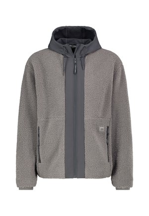 Graue Fleecejacke mit Kapuze, durchgehendem Frontreißverschluss und seitlichen Reißverschlusstaschen, aus weichem, strukturiertem Stoff und mit gerippten Bündchen.