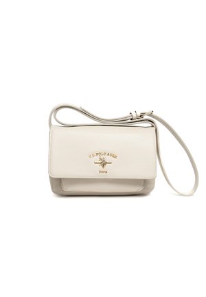 Beige U.S. Polo Assn. Umhängetasche mit verstellbarem Träger und goldfarbenem Logodetail auf der Vorderklappe.