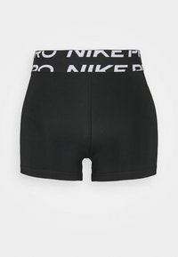 Černé běžecké šortky s bílým elastickým pasem s logem, vyrobené z hladkého materiálu, s úzkým střihem a prošitými detaily.