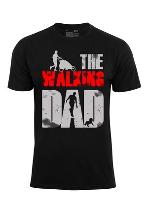 Black T-shirt featuring bold red and white text "THE WALKING DAD," with silhouettes of a person with a stroller, walking figure, and crawling baby.