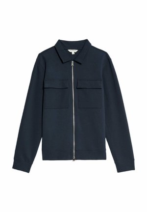 Chaqueta de cierre zip azul marino hecha de tela de sudadera, con cuello, dos bolsillos en el pecho y puños y dobladillo acanalados.
