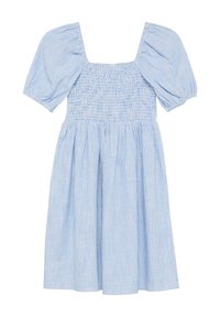 Blau-weiß gestreiftes Baumwollkleid mit kurzen Puffärmeln, quadratischem Ausschnitt und gerafftem Rock, das eine gestickte Oberteil-Textur besitzt.
