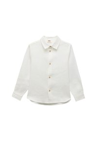 Camisa blanca de manga larga hecha de lino ligero con un cuello puntiagudo, que presenta un cierre de botones en la parte delantera y un dobladillo curvado.