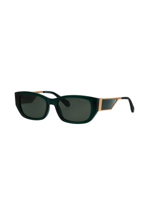 Dunkelgrüne rechteckige Sonnenbrille mit goldenen Akzenten an den Bügeln und schwarzen Ohrstücken auf weißem Hintergrund.