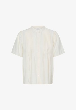 Crèmekleurige blouse met korte mouwen, een mandarinnekraag, knoopsluiting aan de voorkant en verticale pintuck-plooien op de borst.