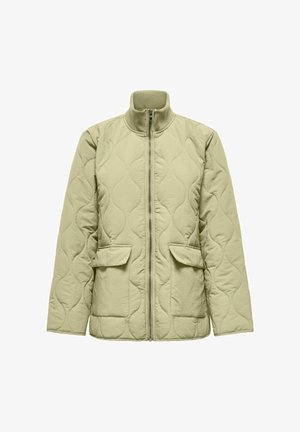 Šviesiai alyvuogių spalvos siuvinėta striukė su pilnu priekiu užtrauktuku, ribbute stovi apykakle, ilgomis rankovėmis ir dviem priekinėmis kišenių skląsčiomis.