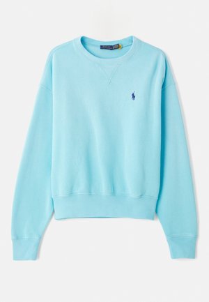 Helles blaues Sweatshirt aus Baumwolle. Verfügt über einen gerippten Rundhalsausschnitt, lange Ärmel und ein kleines lila Logo auf der Brust. Glatte Textur.