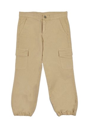 Pantaloni cargo beige in cotone con vita elasticizzata, due tasche laterali e due tasche cargo. Caviglie con polsini elasticizzati.