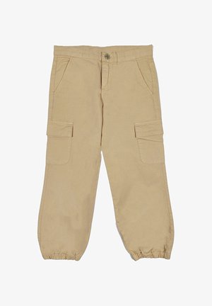 Pantaloni cargo beige in cotone con vita elasticizzata, due tasche laterali e due tasche cargo. Caviglie con polsini elasticizzati.