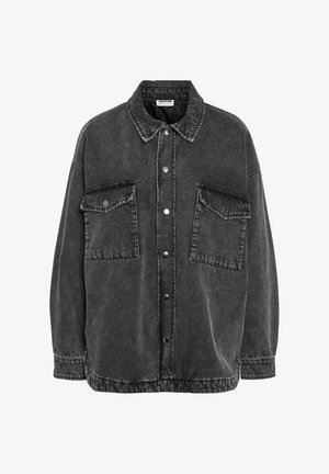 Black denim jacket with a collar, two chest pockets, snap-button closure, and a loose fit. Faded texture with visible stitching details.