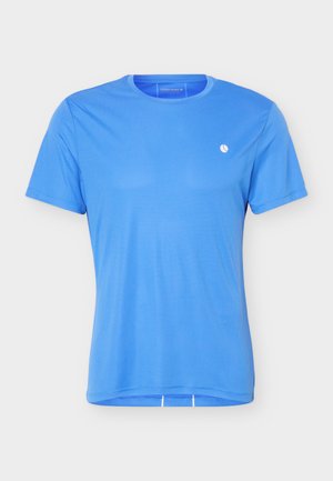 Blue short-sleeve athletic t-shirt with crew neck and small white circular logo on the left chest against a white background.
