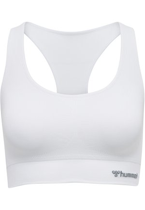 Weißer Sport-BH mit Racerback-Design. Hergestellt aus glattem Stoff, mit einer enganliegenden Silhouette und einem dezenten Logo-Detail in Grau.