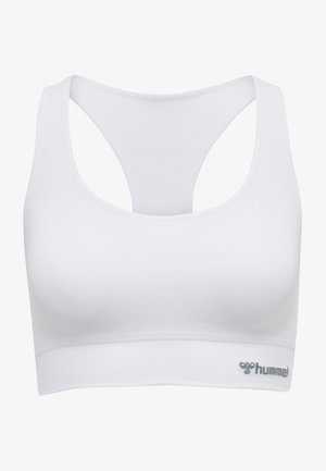 Weißer Sport-BH mit Racerback-Design. Hergestellt aus glattem Stoff, mit einer enganliegenden Silhouette und einem dezenten Logo-Detail in Grau.