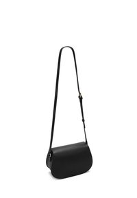 Black leather crossbody bag with a curved silhouette, slim adjustable strap, and a smooth exterior. Minimalist design with no visible hardware.