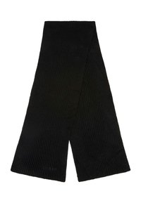Scarf a costine nera con logo "GUESS" ricamato in modo discreto vicino al bordo, distesa piatta con le estremità sovrapposte.