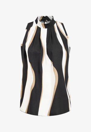 Blusa senza maniche con collo alto, caratterizzata da righe verticali ondulate in nero, bianco e beige, e dettaglio plissettato all'altezza del collo.