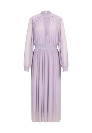 Lavender long-sleeve midi dress with pleated fabric, smocked high neckline, and cinched waist with gathered cuffs.