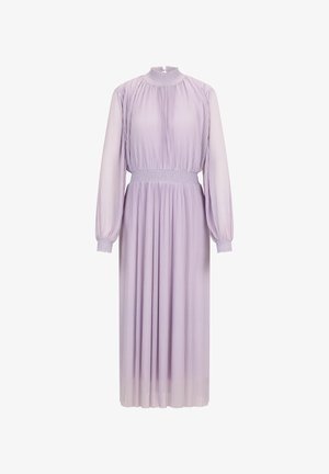 Lavender long-sleeve midi dress with pleated fabric, smocked high neckline, and cinched waist with gathered cuffs.