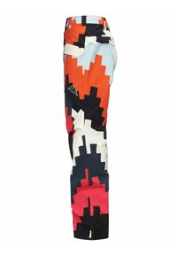 Pantaloni da neve colorati con un motivo geometrico in arancione, blu, nero, bianco e rosso. Realizzati in materiale impermeabile, con una vestibilità affusolata.