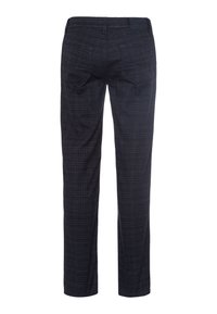 Pantalon droit à carreaux gris foncé avec poches arrière, vu de dos.