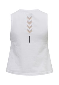 Hvid ærmeløs skjorte med fem beige nedadvendte pile og en lodret sort linje centreret på øverste del af ryggen.