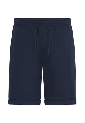 Pantaloncini blu navy realizzati in tessuto leggero, caratterizzati da una vita elastica con coulisse e risvolti. Tessitura liscia, design casual.