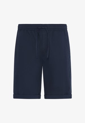 Pantaloncini blu navy realizzati in tessuto leggero, caratterizzati da una vita elastica con coulisse e risvolti. Tessitura liscia, design casual.
