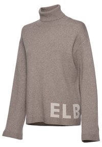 Hellbraunes Rollkragensweatshirt aus weichem Strickstoff. Hat überschnittene Schultern und "ELB" in hellbeige auf der unteren linken Seite aufgedruckt.