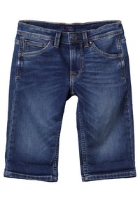 Denim bermudashorts i en mörkblå tvätt, med knappstängning, fem fickor och fållade fållar. Slät textur med subtila sömdetaljer.