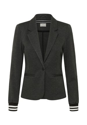 Dark gray blazer with a structured design, single button closure, and two front pockets. Ribbed cuffs feature white and black stripes.