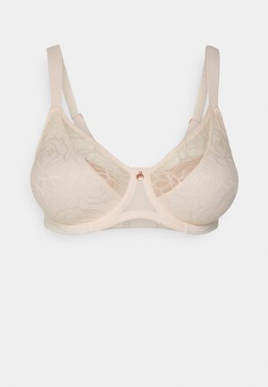Spitzen-BH in hellem Beige mit floralem Muster, weichen Cups und verstellbaren Trägern. Mit einem dekorativen, rosegoldenen Akzent in der Mitte.