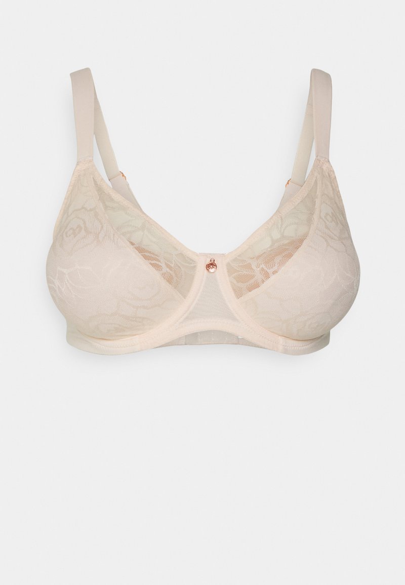 Spitzen-BH in hellem Beige mit floralem Muster, weichen Cups und verstellbaren Trägern. Mit einem dekorativen, rosegoldenen Akzent in der Mitte.