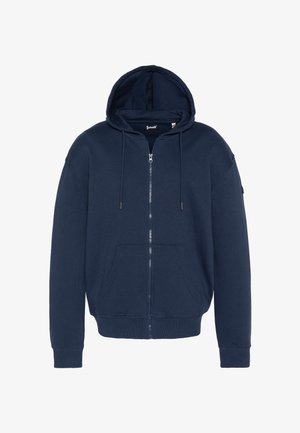 Marineblauwe hoodie met ritssluiting van dik katoenweefsel, voorzien van een capuchon met trekkoord, voorzakken en geribbelde boorden aan mouwen en zoom. Soepele textuur, casual pasvorm.