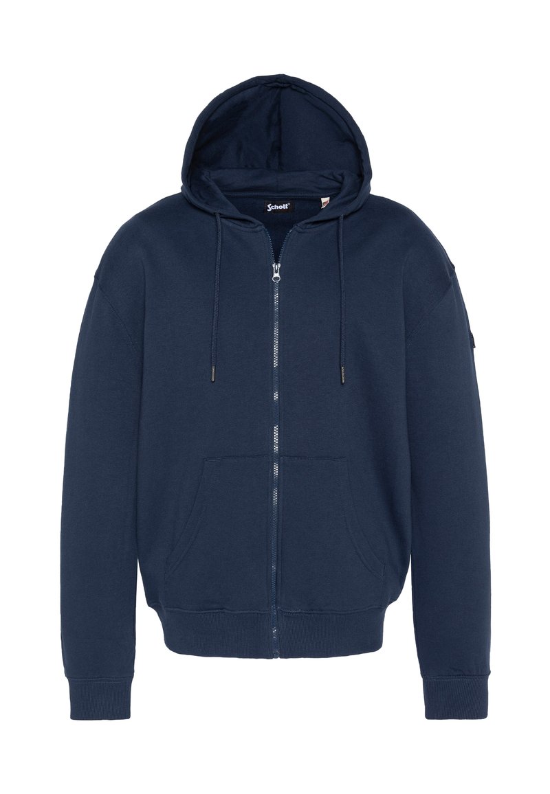 Felpa con zip e cappuccio blu navy in tessuto di cotone spesso, con cappuccio regolabile con coulisse, tasche frontali e polsini e orlo a coste. Texture liscia, vestibilità casual.