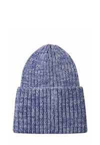 Knit beanie in blue with light purple accents. Features a ribbed texture, rounded crown, and folded brim for a snug fit.