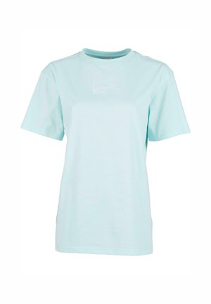 Helle blaue Baumwoll-T-Shirt mit kurzen Ärmeln, rundem Halsausschnitt und einem kleinen weißen gestickten Logo auf der Vorderseite. Klassischer, lässiger Schnitt.