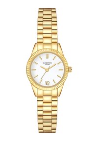 Goldfarbene Armbanduhr mit einem runden weißen Zifferblatt, goldenen Ziffernmarkierungen und einer geriffelten Lünette. Verfügt über ein miteinander verbundenes Metallband im Armband-Stil.