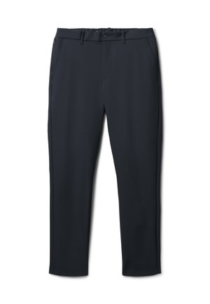 Schwarze, leichte Hosen mit geradem Bein. Mit vorderen Taschen, Gürtelschlaufen und einer glatten, robusten Stofftextur.