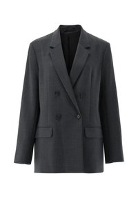 Schwarzer grauer, doppelt geknöpfter Blazer, taillierte Schnittform, mit Reverskragen, zwei Fronttaschen, schwarze Knöpfe, strukturiertes Material, ungefüttertes Innenfutter.