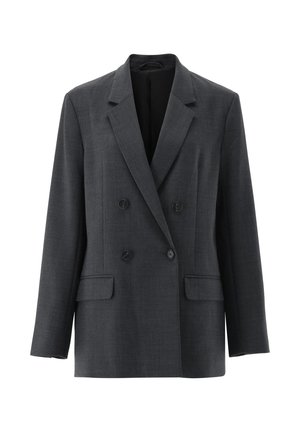 Blazer grigio carbone doppiopetto, taglio su misura, revers a punta, due tasche frontali, bottoni neri, tessuto testurizzato, interno non foderato.
