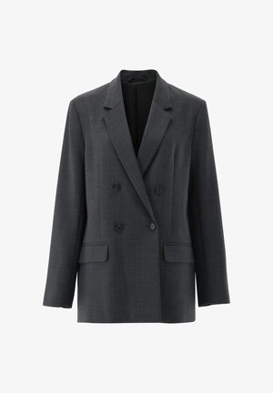 Schwarzer grauer, doppelt geknöpfter Blazer, taillierte Schnittform, mit Reverskragen, zwei Fronttaschen, schwarze Knöpfe, strukturiertes Material, ungefüttertes Innenfutter.