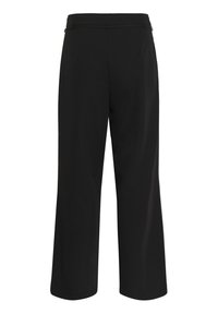 Schwarze, weit geschnittene Hosen mit glatter Textur, elastischem Bund und ohne sichtbare Logos oder Verzierungen. Minimalistisches Design.