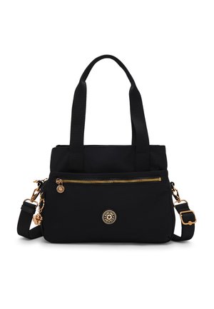 Schwarze Handtasche mit zwei Griffen, vordere Reißverschlusstasche mit goldenem Reißverschluss, rundem Logo und abnehmbarem, verstellbarem Schulterriemen mit goldener Hardware.