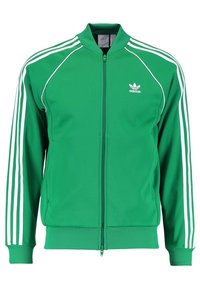 Giacca da corsa verde con zip, realizzata in materiale liscio, con strisce bianche lungo le maniche e un piccolo logo bianco sul petto.