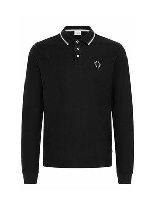 Zwart poloshirt met lange mouwen, gemaakt van katoen, met een contrasterende witte kraag en een placket met drie knopen, met een klein logo op de borst.