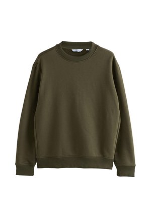 Alyvuogių žalios spalvos džemperis iš minkštos medžiagos, turintis apvalų iškirptę, ripso rankogalius ir apačią bei laisvą siluetą be matomų grafinių elementų.