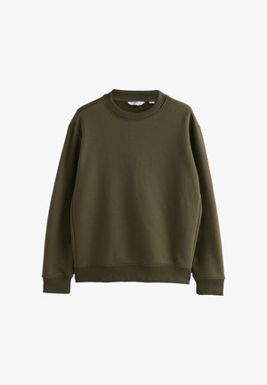 Alyvuogių žalios spalvos džemperis iš minkštos medžiagos, turintis apvalų iškirptę, ripso rankogalius ir apačią bei laisvą siluetą be matomų grafinių elementų.