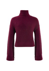 Burgunderfarbener gerippter Strickpullover mit hohem Kragen, langen Ärmeln und umgeschlagenen Bündchen, in verkürzter Länge, vor weißem Hintergrund präsentiert.